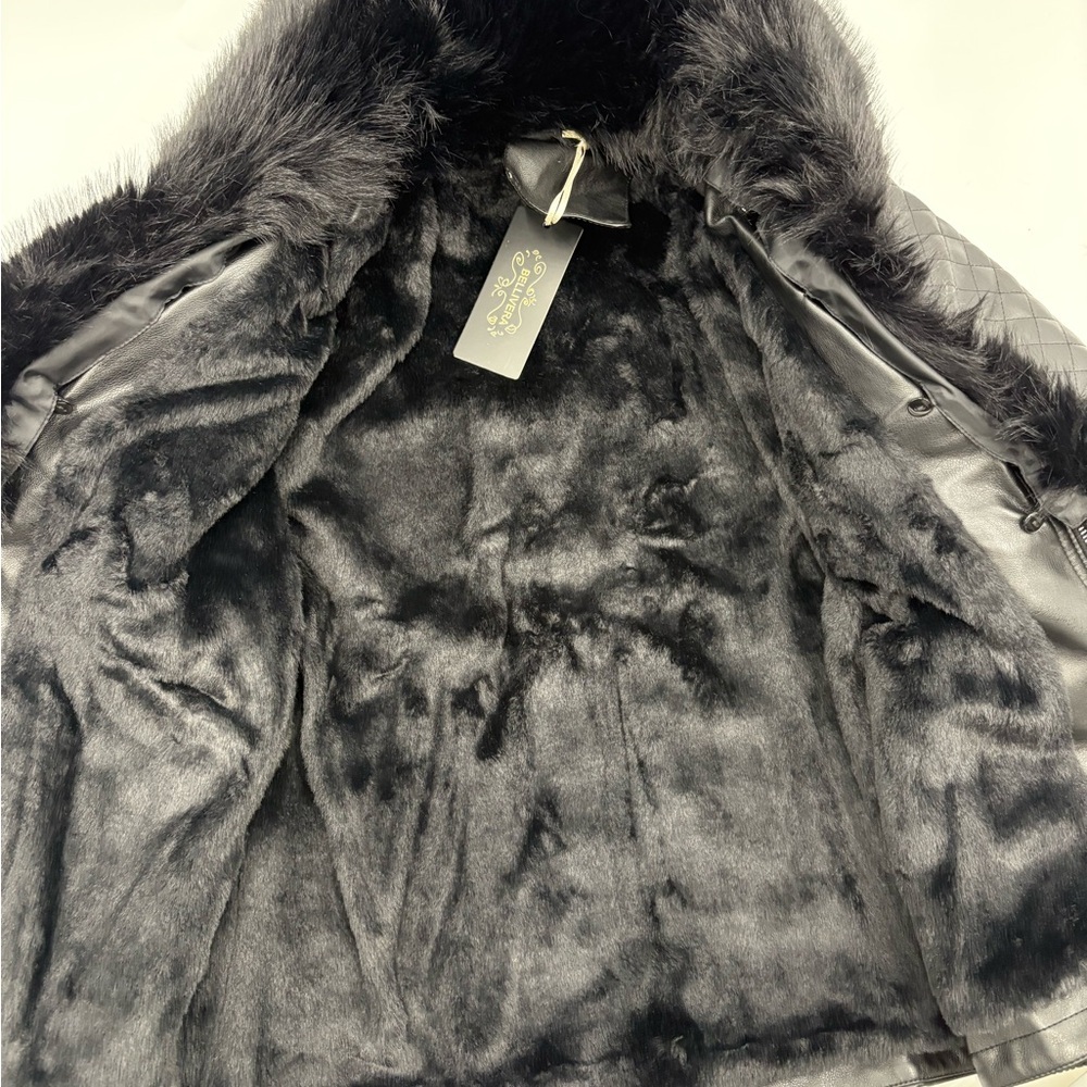 NWT Bellivera Faux Fur Black Leather Moto Biker Jacket size Large - Picture 9 of 9
